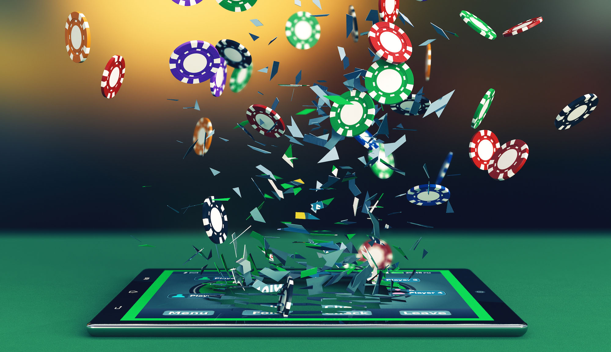 tablet pc with a poker app and poker chips coming out by breaking the glass, concept of online gaming (3d render)